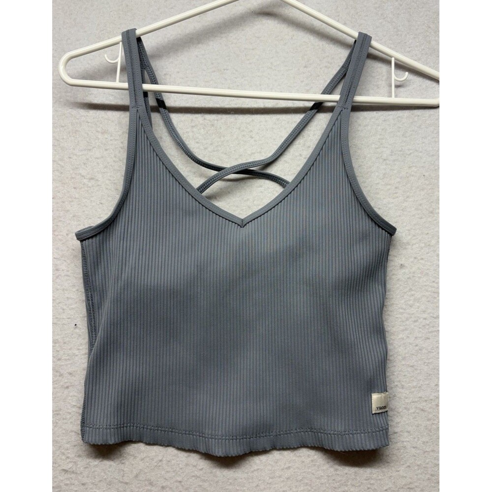 Vuori Ribbed Tank Women M Gray Blue Ribbed Strappy Cross Back VW189 No Pads